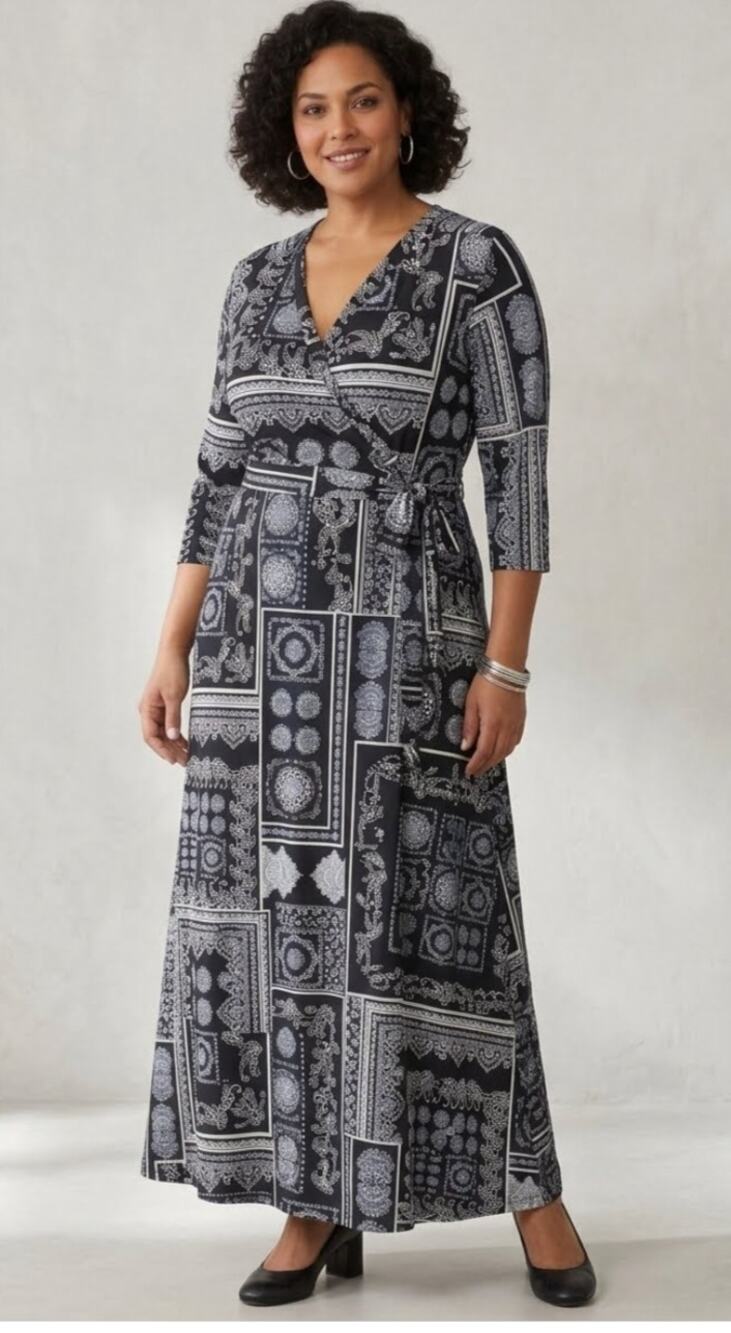 5822(Mlle Gabrielle Navy White Faux Wrap Bandana Print Business Casual Dress 3X